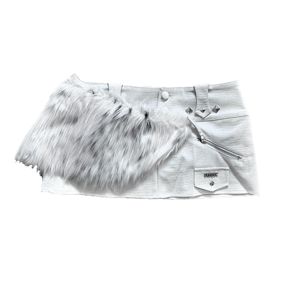 White and black y2k western leather low waist mini skirt with fur